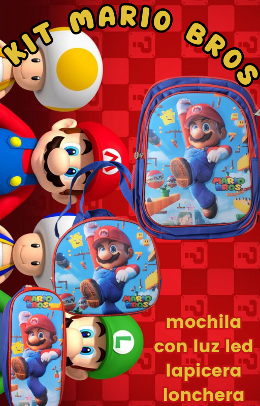 Set Escolar Mochila Reforzada de MARIO BROS con Luz LED y 3 Piezas para Niños de 3 a 9 años